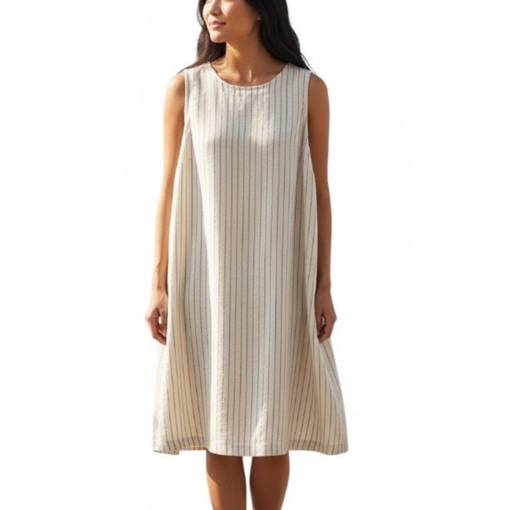 A New Day Neutral Pinstripe Linen‎ Blend Relax Shift Dress Medium Beachy Capsule